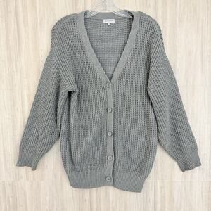 QUALFORT Cardigan Knit Sweater Womens Size Small Gray Oversized Button-Up Lounge